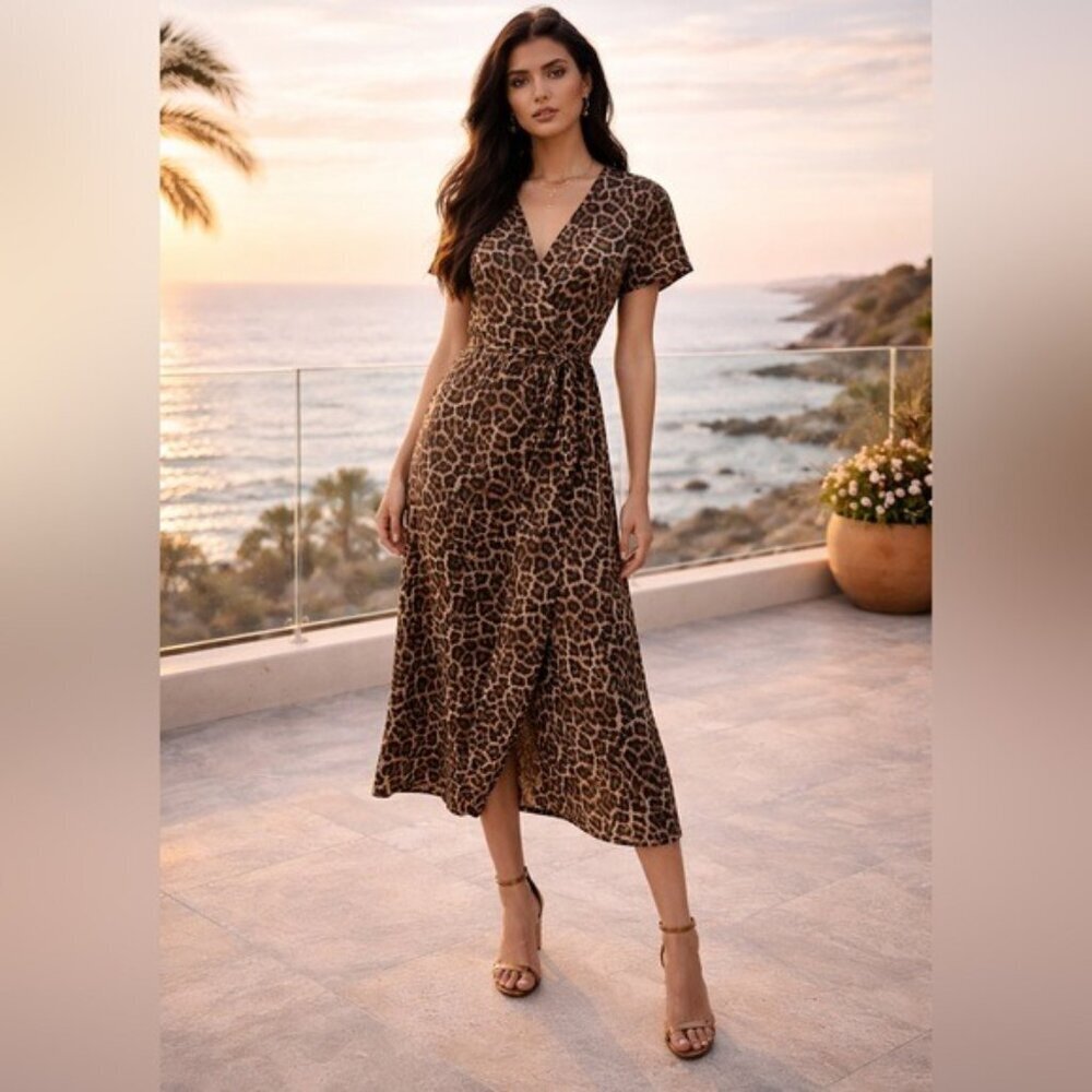 H&M Leopard Wrap Midi Dress Brown Belted Short Sleeve Sz 2 Y2K Chic NWT